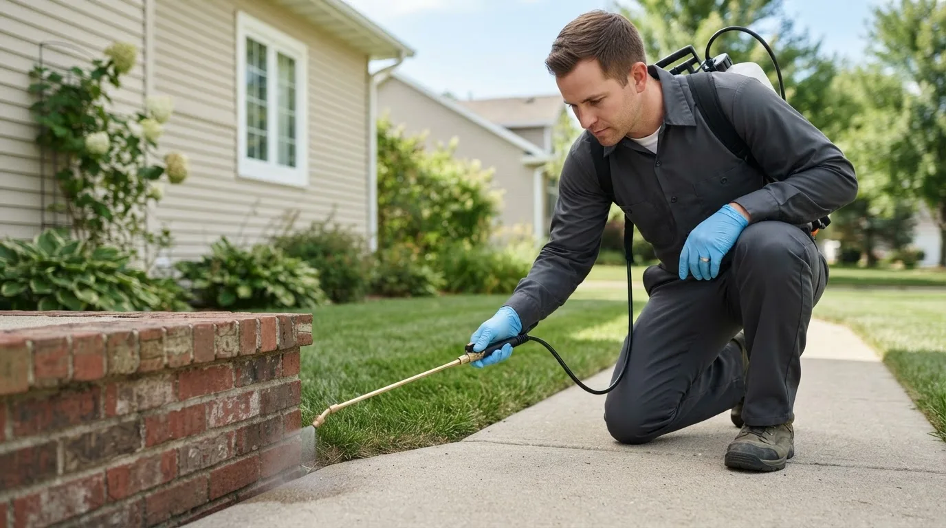 Pest control technician treating a home near Stockbridge, VT